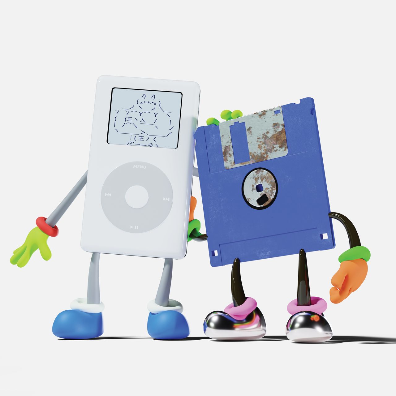 Album cover for The Avalanches' No Bad Memories featuring cartoon iPod and floppy disk characters standing together on a plain white background.